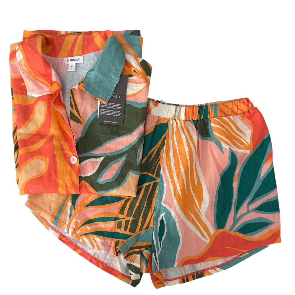 Vitamin A Shorts Set Women XS Multicolor NEW Tropical Linen Blend 2 Piece Set - Picture 4 of 16